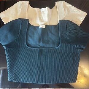 Aritzia Babaton Sculpt Knit Squareneck Crop Top Bundle Teal Cream 2XL Ribbed